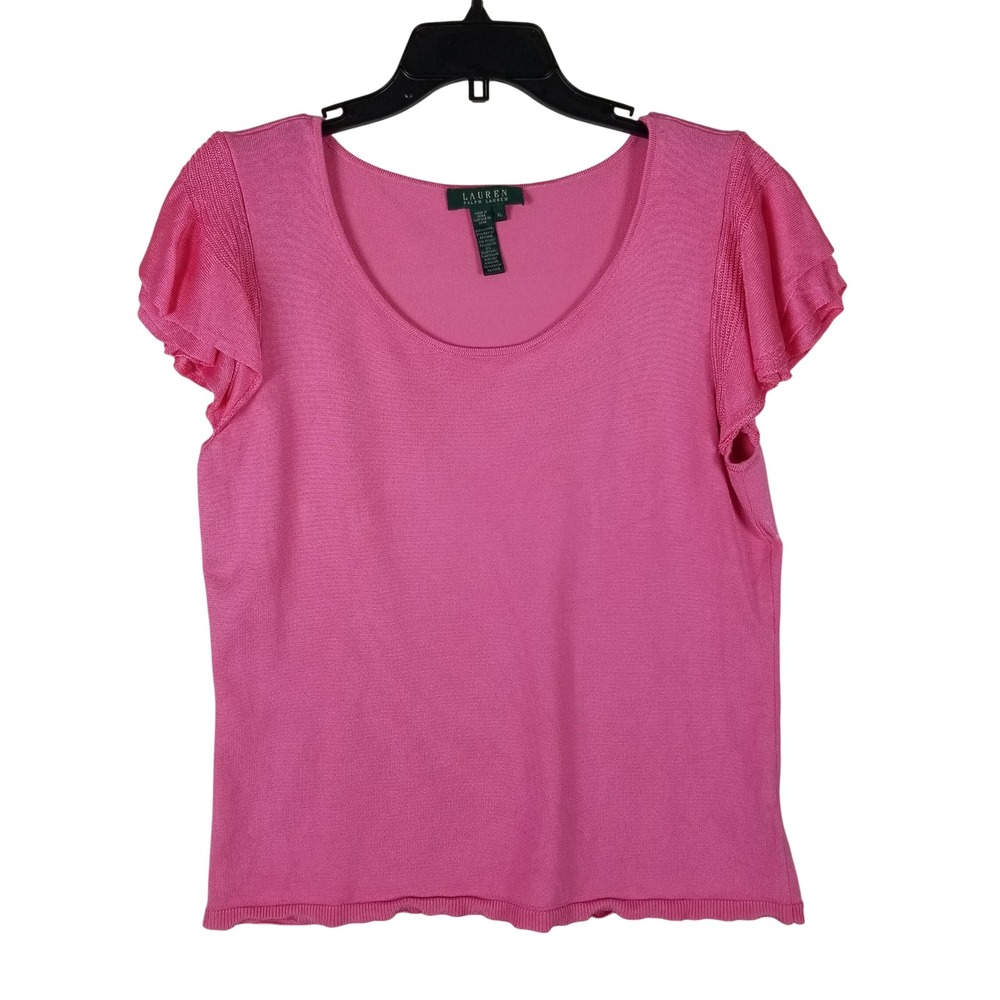 Lauren Ralph Lauren Knit Top Women XL Pink Ruffle Cap Sleeve Scoop Neck 158s